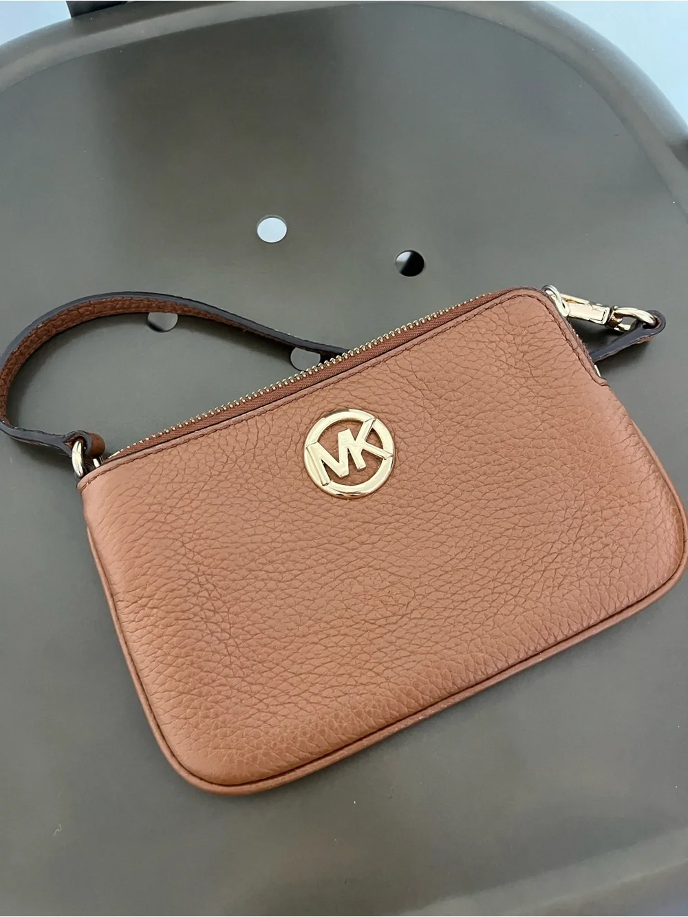 Michael Kors Cognac Brown Leather Zip Wristlet with Gold Logo